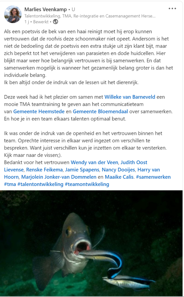 ook in het dierenrijk is vertrouwen super belangrijk bij samenwerken.